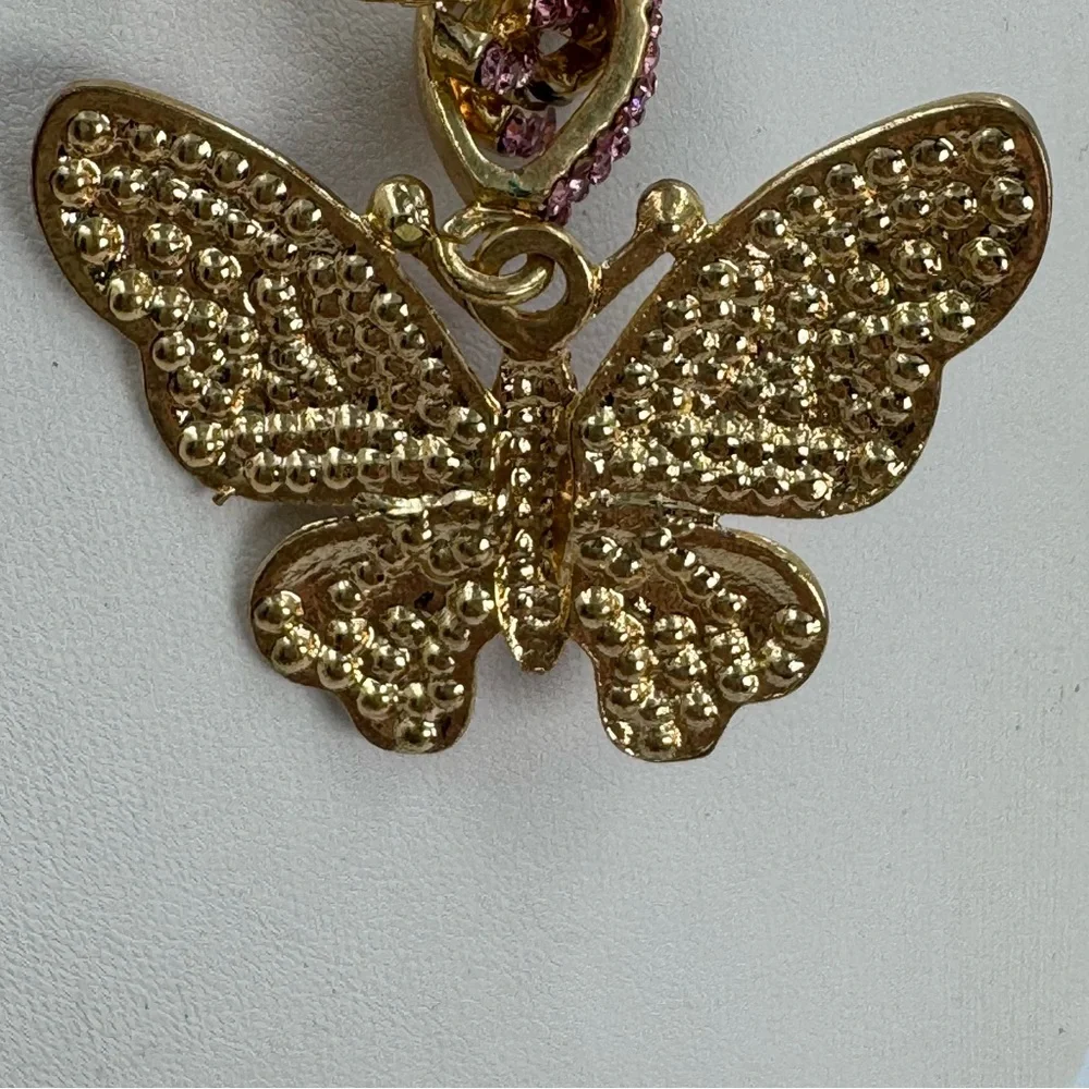 Gold Tone and Pink Rhinestone Cuban Link Butterfly Necklace Small Choker or Kids